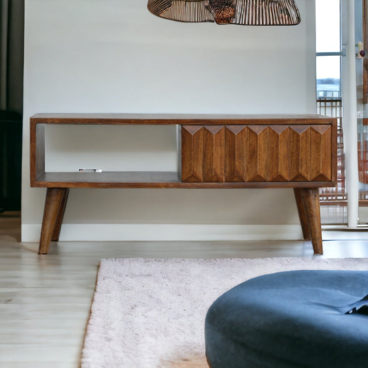 Solid Wood Chestnut Prism Sliding Media Unit, with Storage Space, Brown