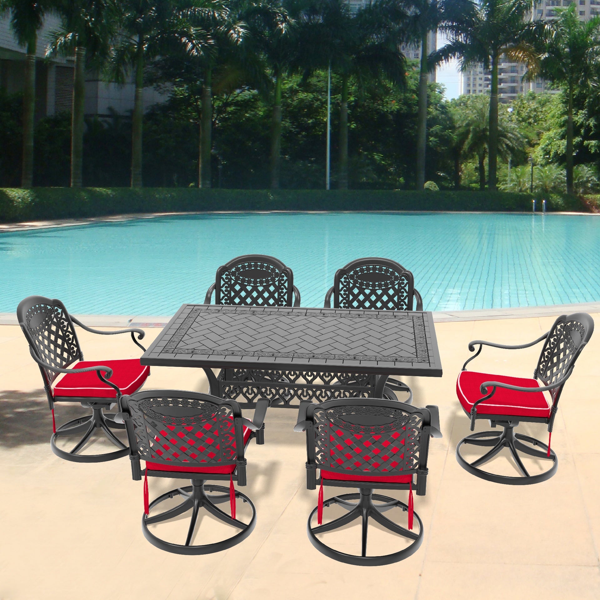 7-Piece All-Weather Cast Aluminum Dining Set, Include 6 Swivel Chairs and Rectangular Table With Black Frame(same sku:W1710S00458)