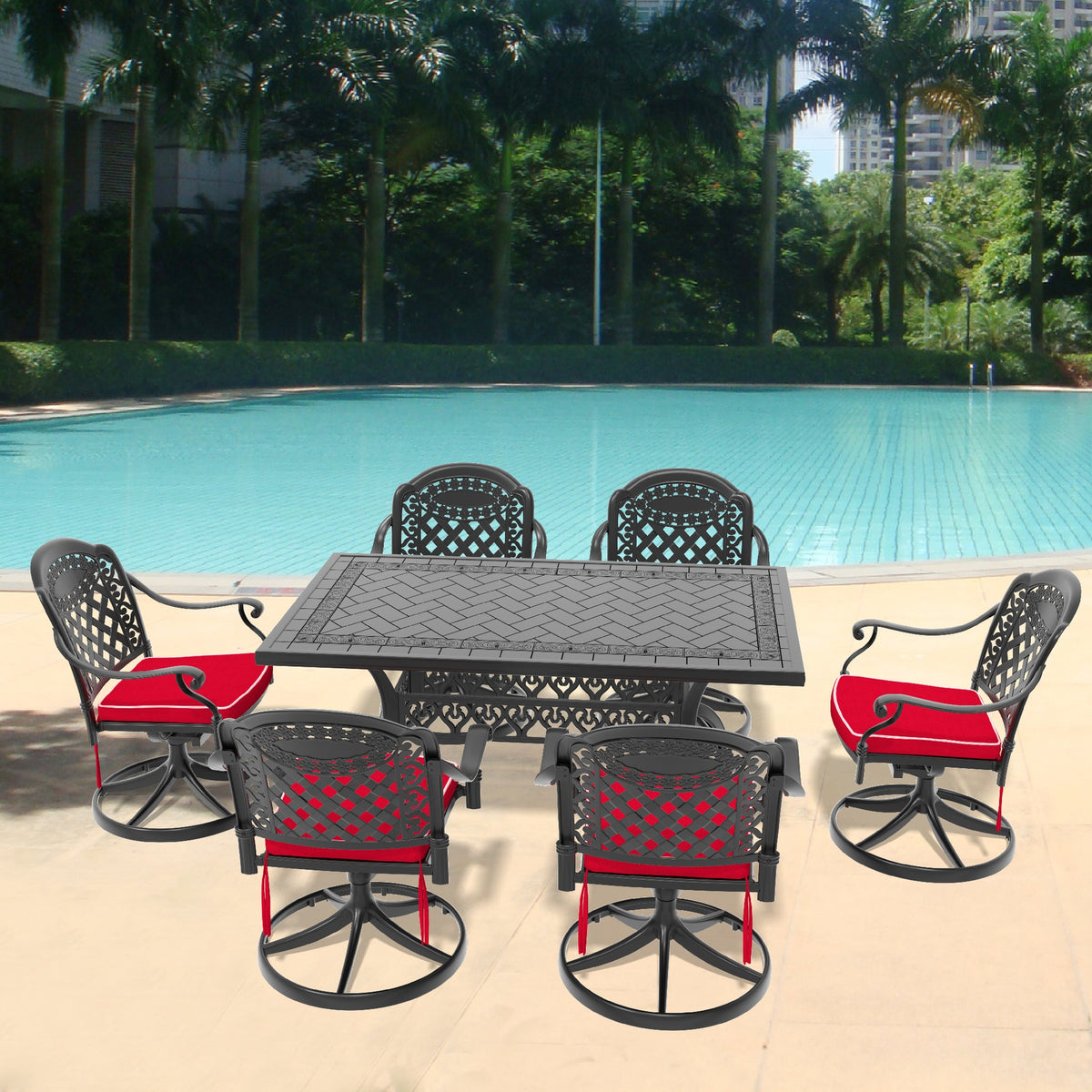 7-Piece All-Weather Cast Aluminum Dining Set, Include 6 Swivel Chairs and Rectangular Table With Black Frame(same sku:W1710S00458)