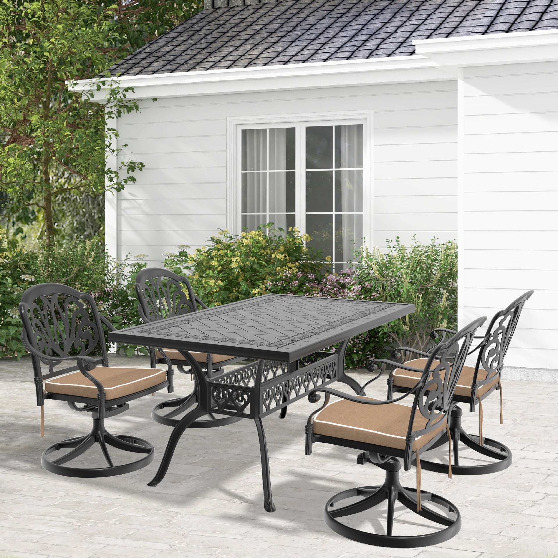 5-Piece All-Weather Cast Aluminum Dining Set, Include 4 Swivel Chairs and Rectangular Table With Black Frame (same sku:W1710S00455)