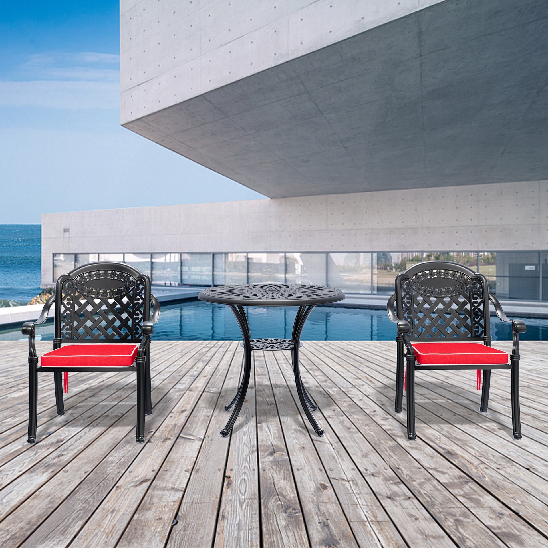 3-Piece Set Of Cast Aluminum Patio Furniture With Red Cushions
