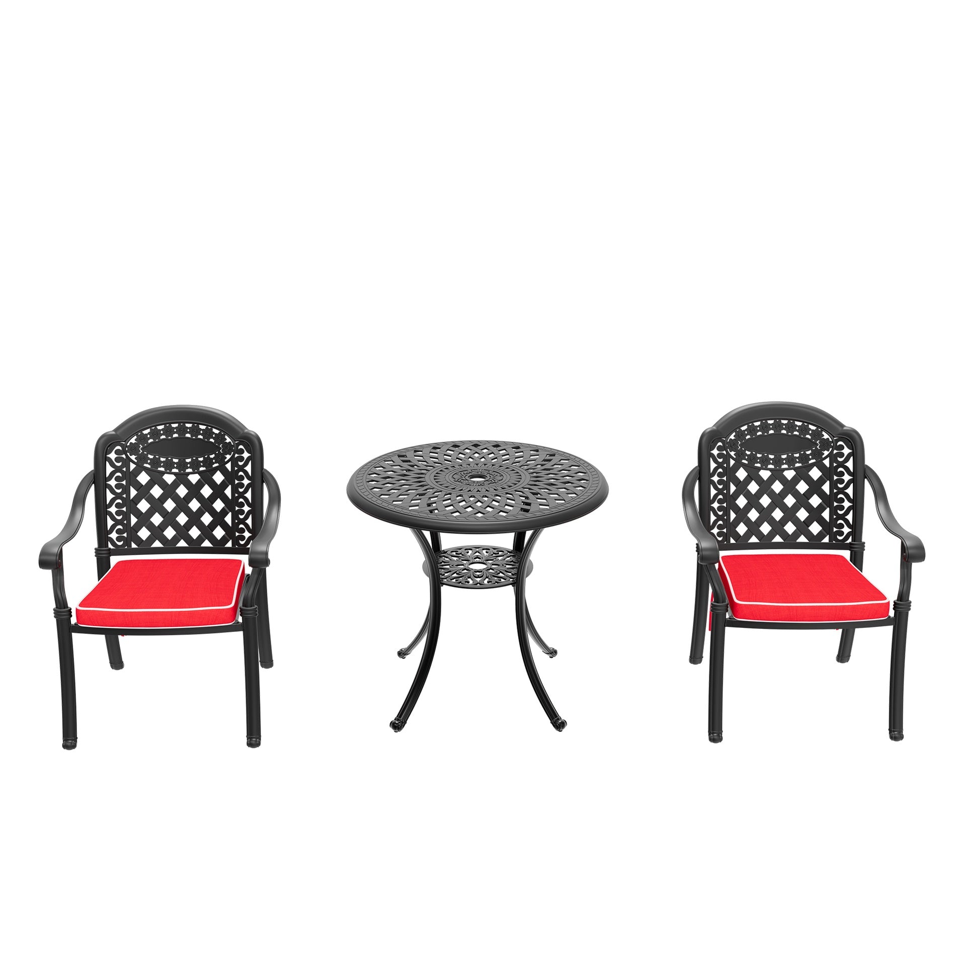 3-Piece Set Of Cast Aluminum Patio Furniture With Red Cushions