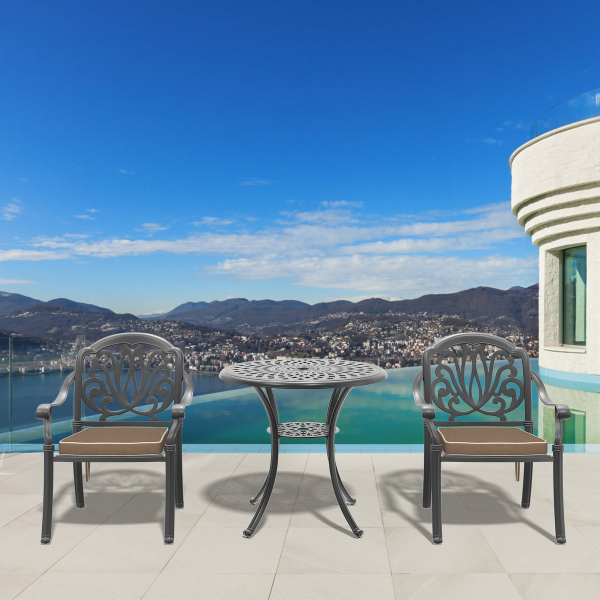 3-Piece Set Of Cast Aluminum Patio Furniture With Brown Cushions