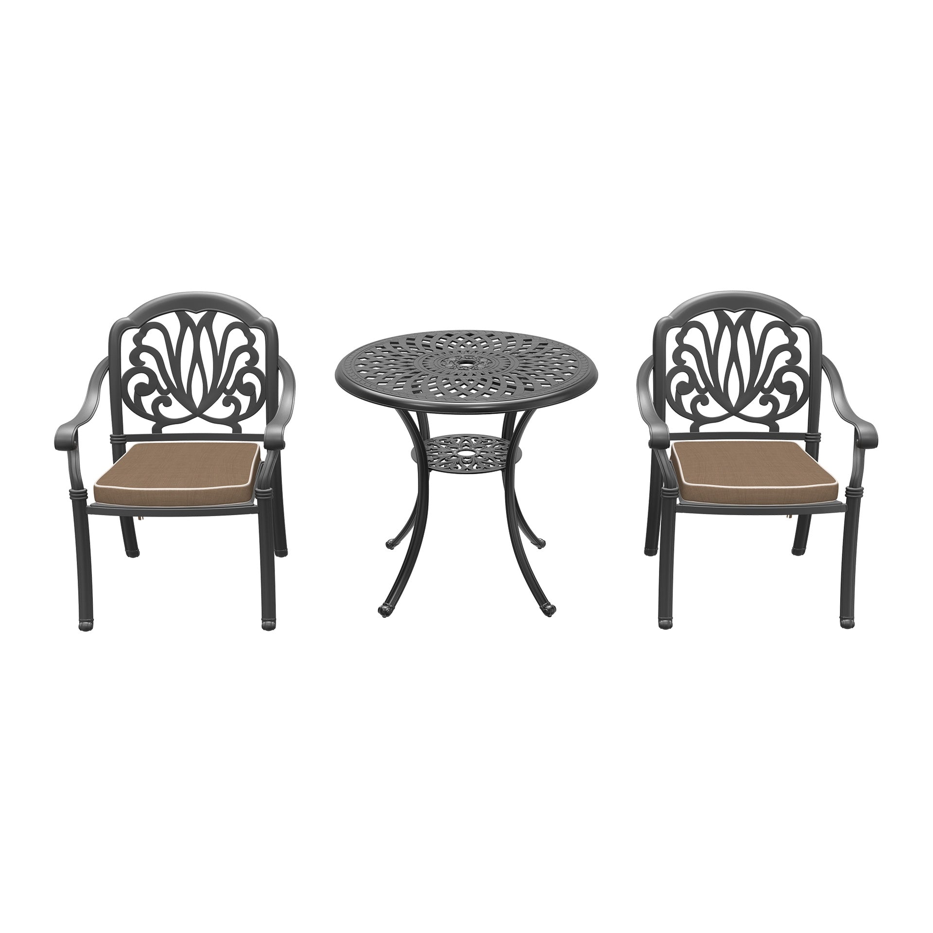 3-Piece Set Of Cast Aluminum Patio Furniture With Brown Cushions