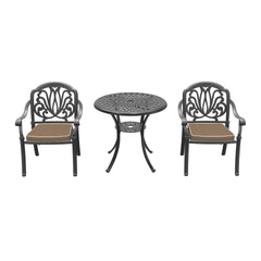 3-Piece Set Of Cast Aluminum Patio Furniture With Brown Cushions