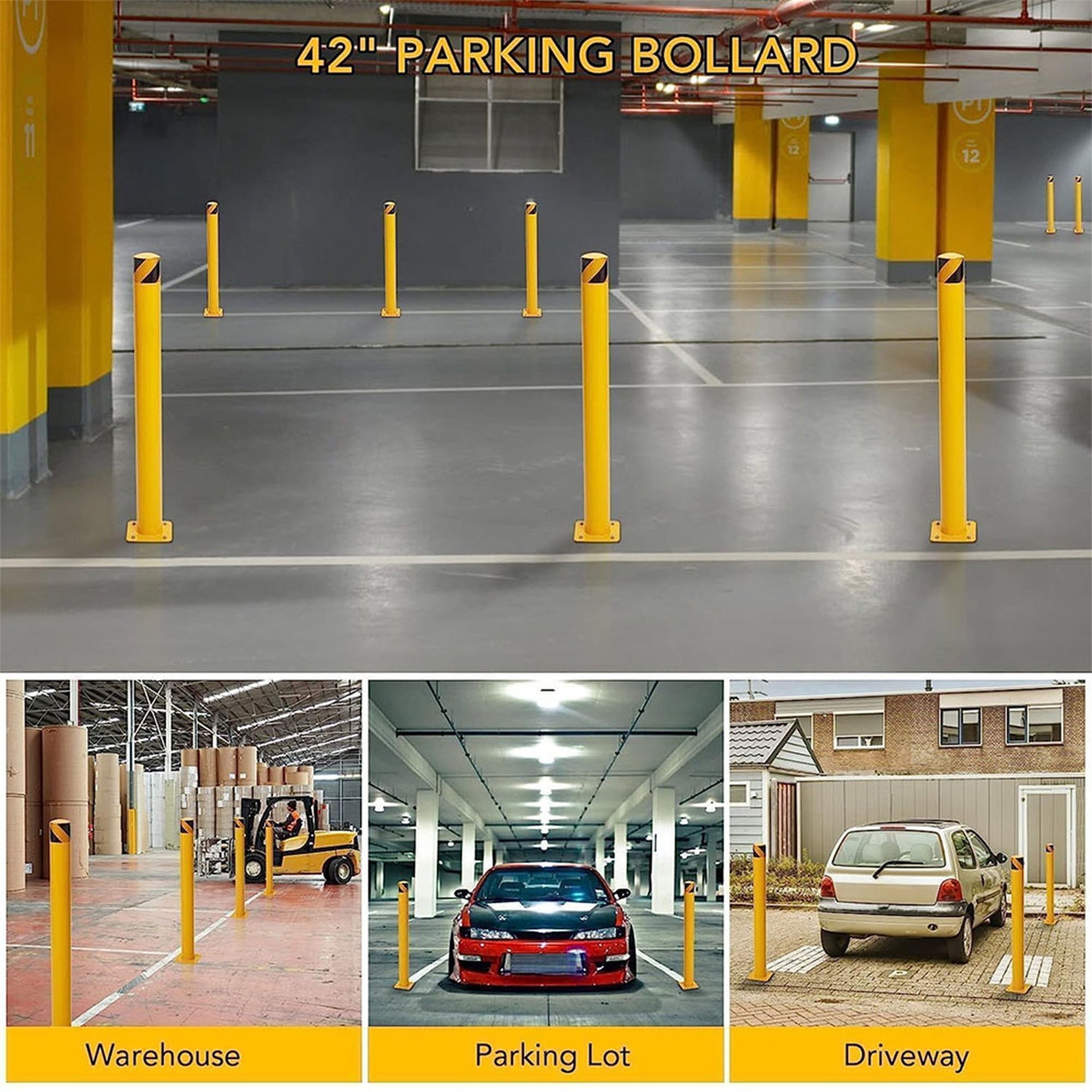 48-inch 1-pack of security bollards
Suitable for parking lots, storefronts, entrances, sidewalks, and traffic-sensitive areas - Steel security bollards with a yellow oily finish
