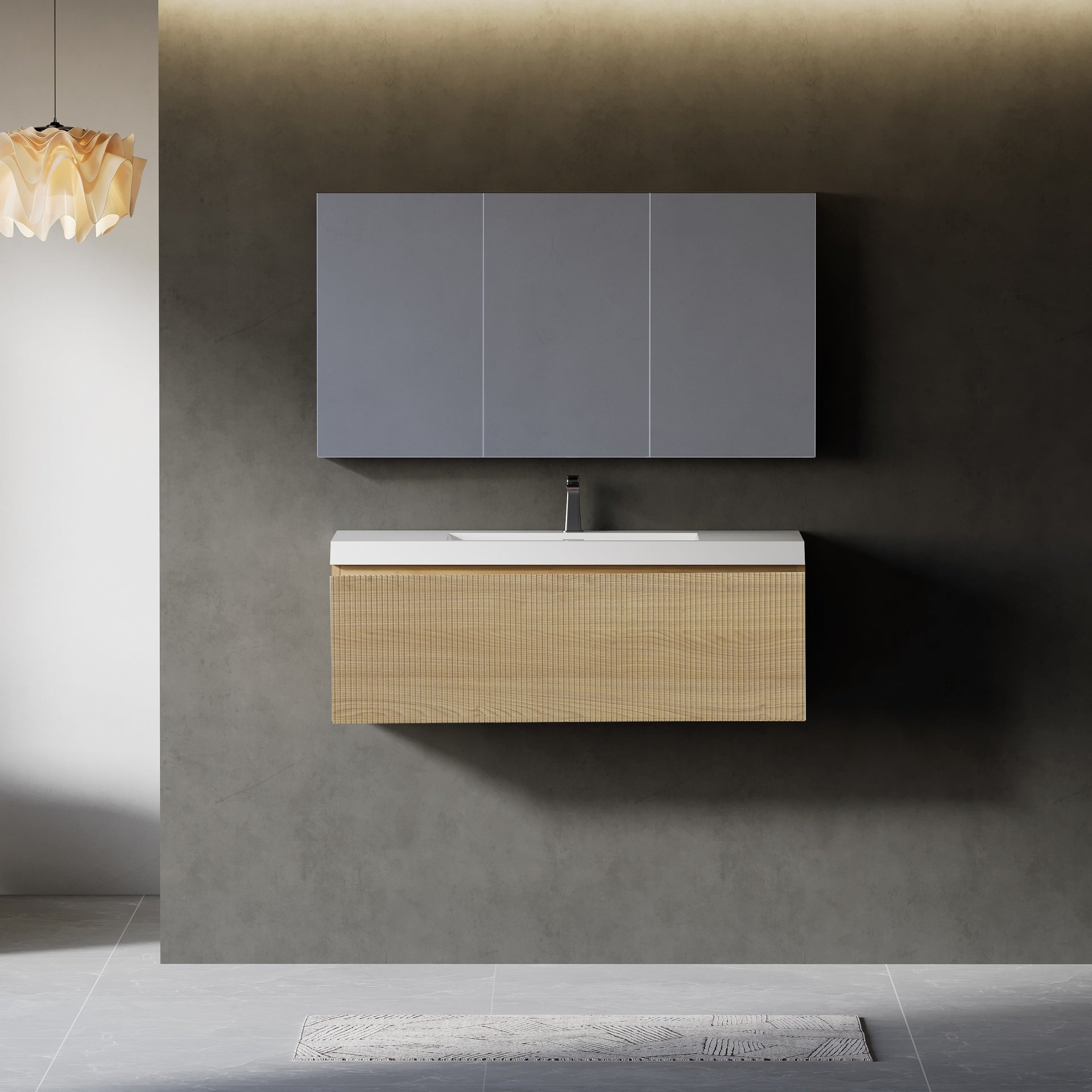 42'' Floating Bathroom Vanity with Sink, Wall-Mounted Striped Storage Cabinet with Soft-Close Drawer and Glossy White Solid Surface Basin, Fully Assembled, Natural Oak 24V16-42NOW-W1920P385450