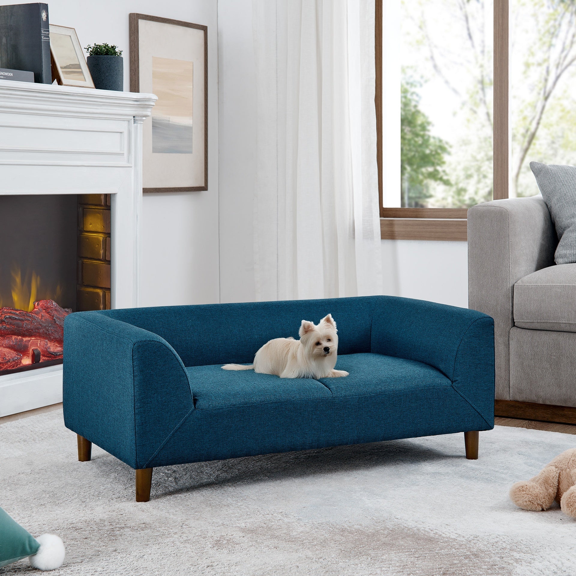 Pet sofa with backrest and armrests, modern rectangular pet sofa suitable for small and medium dogs, soft cushion comfortable dog sofa,-BLUE