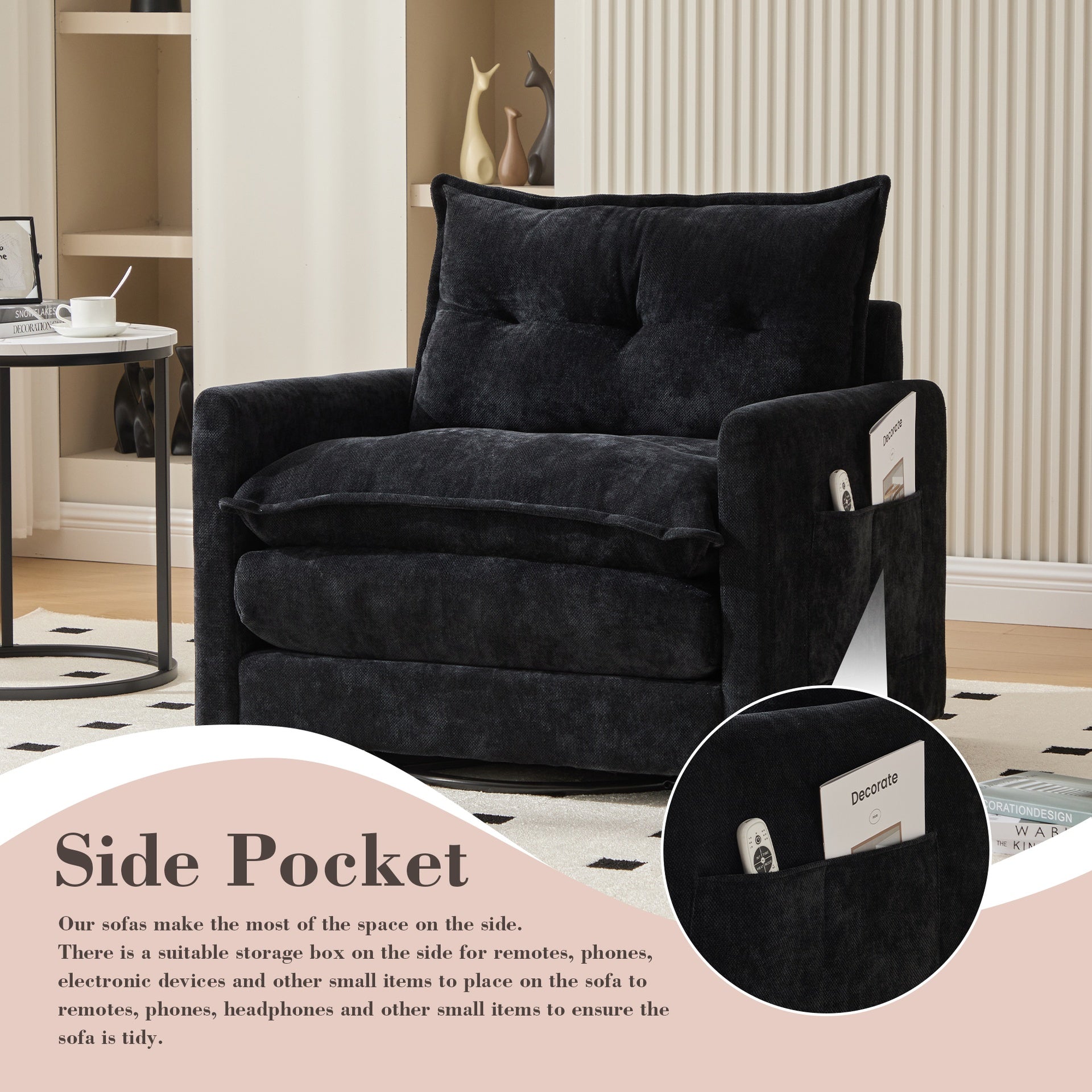 UNITED WE WIN Swivel Barrel Chair - Mid Century Modern Chair, Thick Padded Arm Chair with Solid Metal Base, Comfortable Single Sofa Chair, Swivel Accent Chair for Living Room Bedroom