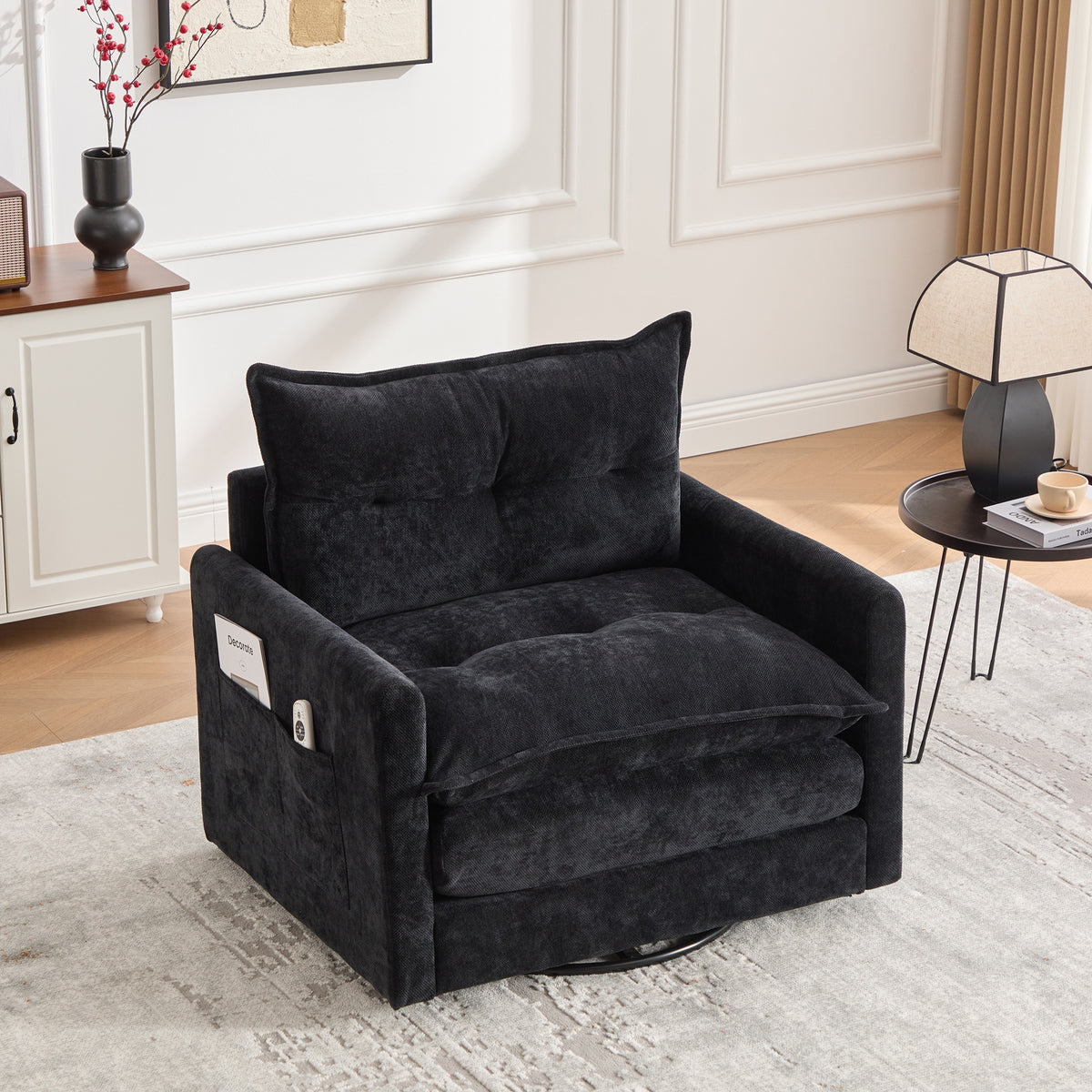 UNITED WE WIN Swivel Barrel Chair - Mid Century Modern Chair, Thick Padded Arm Chair with Solid Metal Base, Comfortable Single Sofa Chair, Swivel Accent Chair for Living Room Bedroom