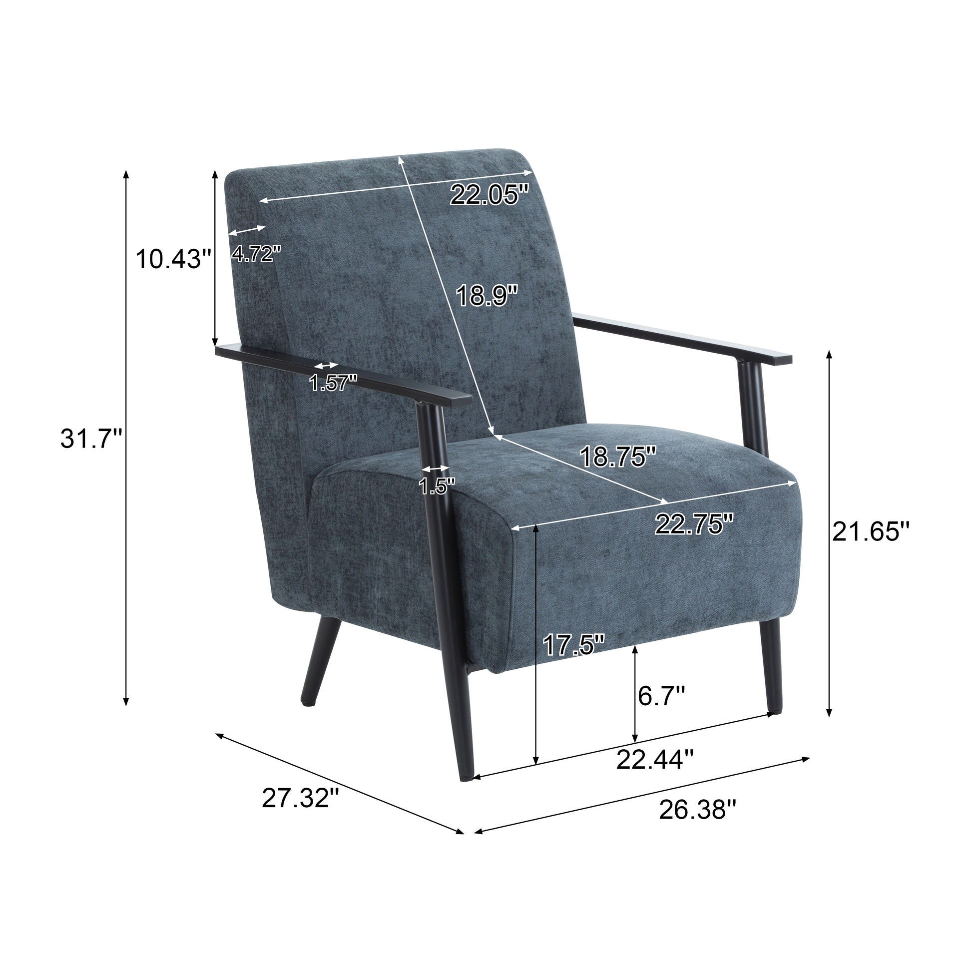 26.38" Modern Blue Gray Lounge Chair with Polyester Upholstery and Sturdy Metal Frame, Ideal for Living Room, Bedroom, or Office