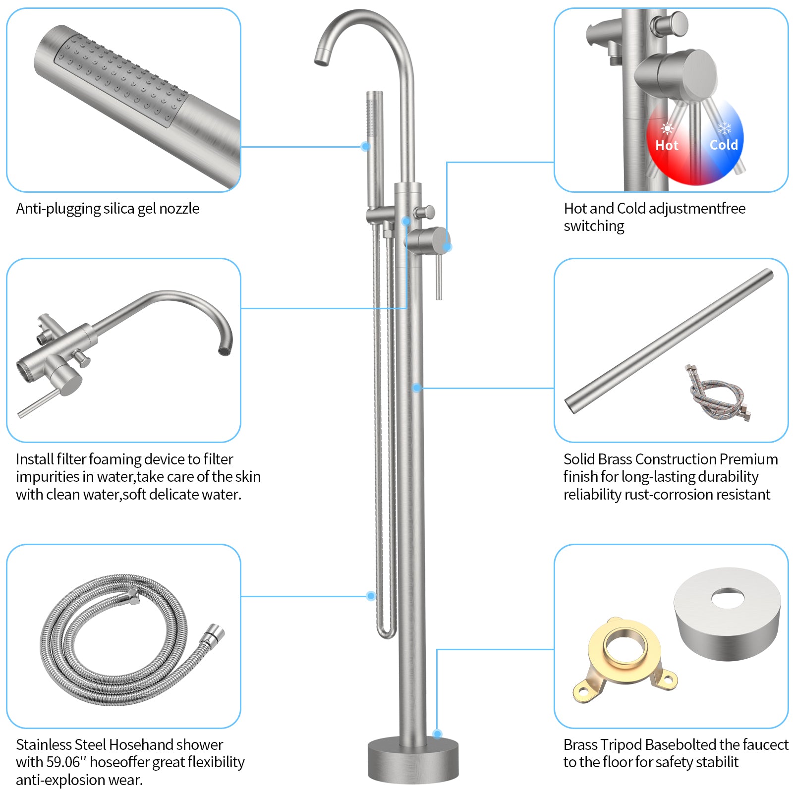 Freestanding Bathtub Faucet Tub Floor Mount Bathroom Faucets Brass Single Handle with Hand Shower High Flow Rate Max 6 GPM