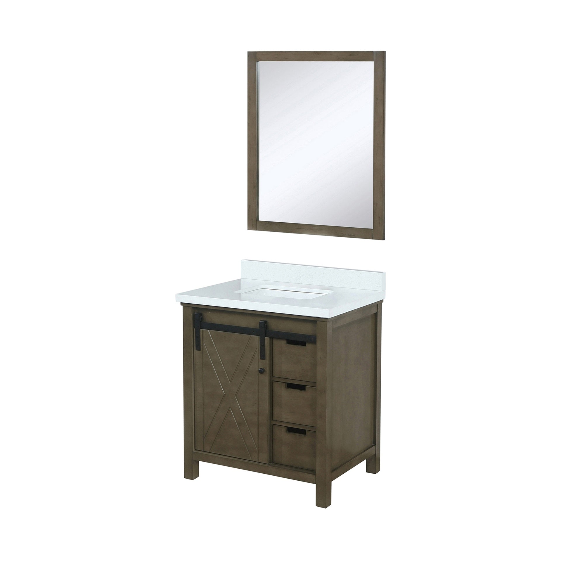 Rustic Brown Bath Vanity 30 in. W x 22 in. D, White Quartz Countertop and 28 in. Mirror