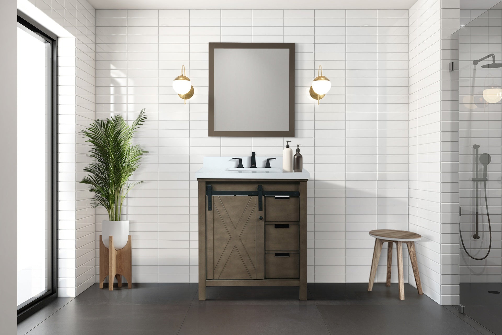 Rustic Brown Bath Vanity 30 in. W x 22 in. D, White Quartz Countertop and 28 in. Mirror