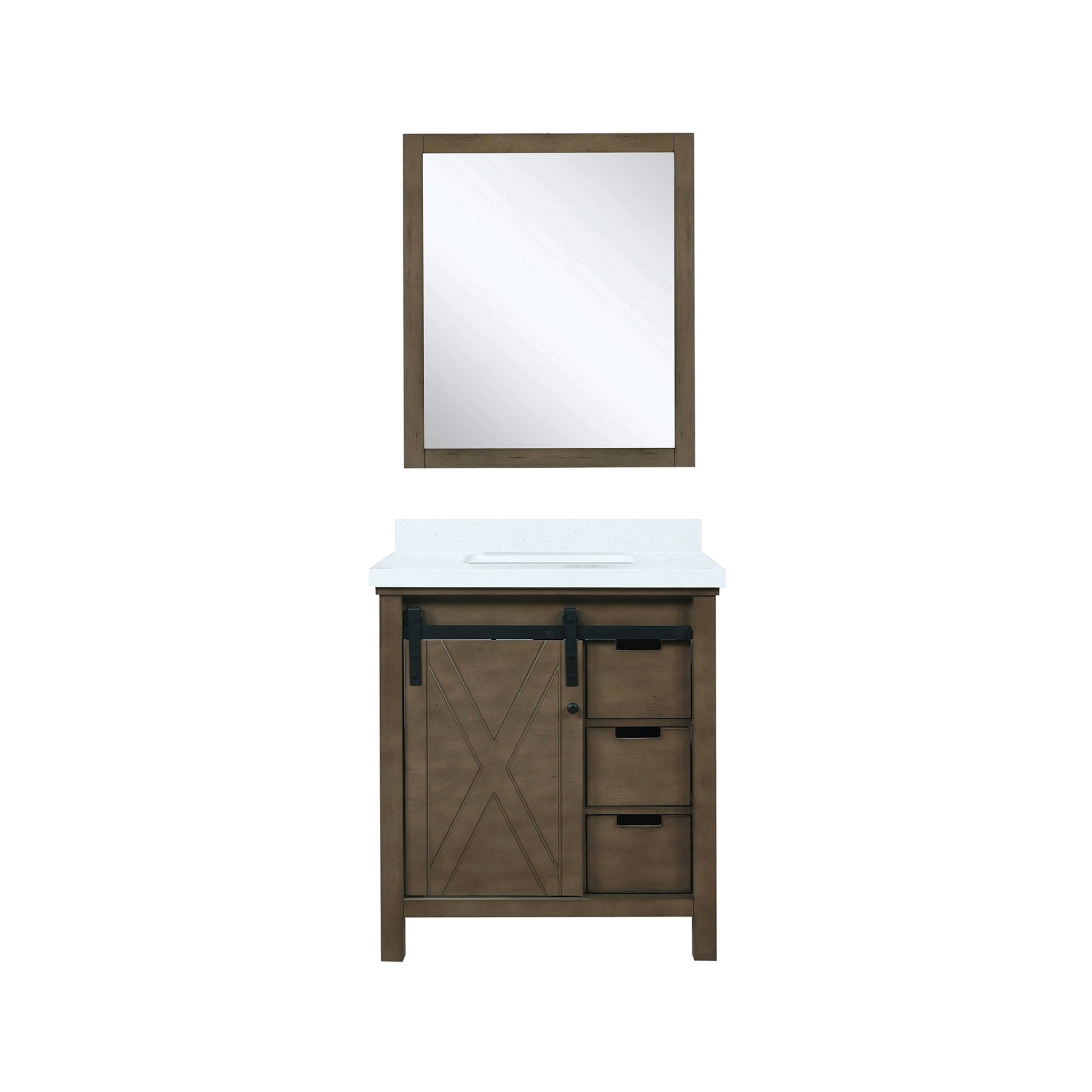 Rustic Brown Bath Vanity 30 in. W x 22 in. D, White Quartz Countertop and 28 in. Mirror
