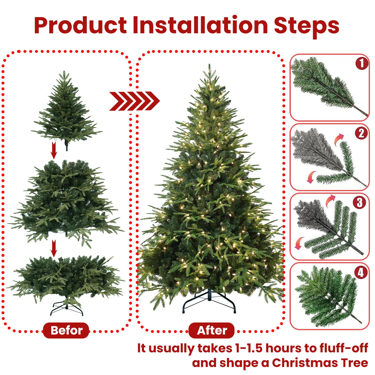 5ft Pre-Lit Artificial Christmas Tree with 300 Warm White Incandescent Lights, 1419 Tips, PE+PVC Hinged Pine with Partial Memory Wire Branches, Foldable Metal Stand for Holiday Decoration