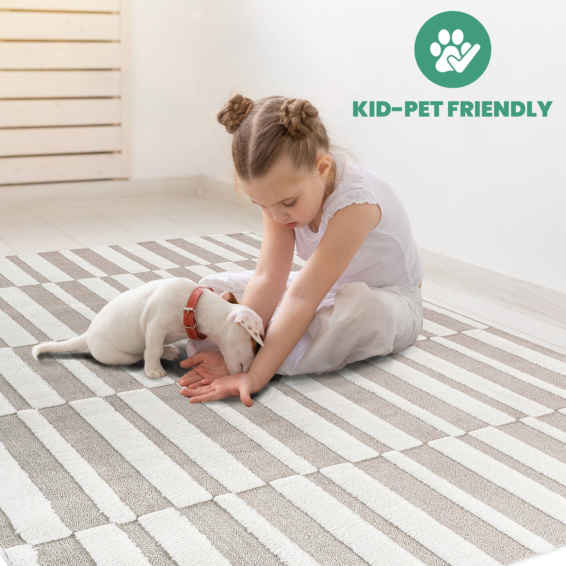 Step Collection High-Low Striped Beige/Cream Indoor Area Rug, 9'x12', Modern, Contemporary, Geometric, Bohemian, Bedroom, Kitchen, Living Room, Non Shedding Carpet