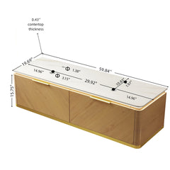DIPA 60" Wall-Mounted Carrara White Sintered Stone Countertop and Corolla Oak Woodgrain Plywood Cabinet, NO Basin, NO Faucet and Sink Cover
