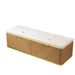 DIPA 60" Wall-Mounted Carrara White Sintered Stone Countertop and Corolla Oak Woodgrain Plywood Cabinet, NO Basin, NO Faucet and Sink Cover