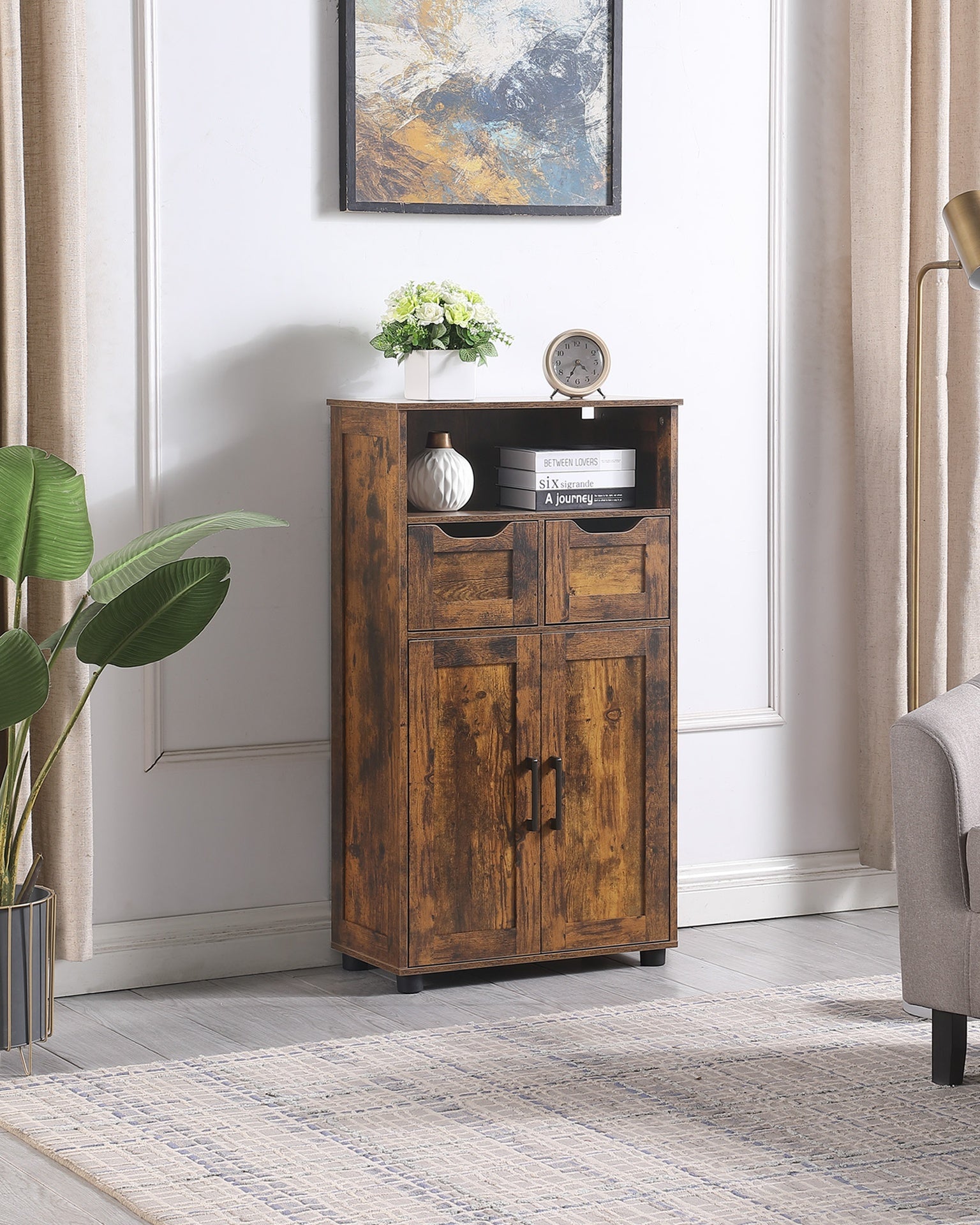 Tall Storage Cabinet, Bathroom Storage Cabinet with 2 Large Drawer & Adjustable Shelf,for Living Room, Home Office, Kitchen Rustic Brown
