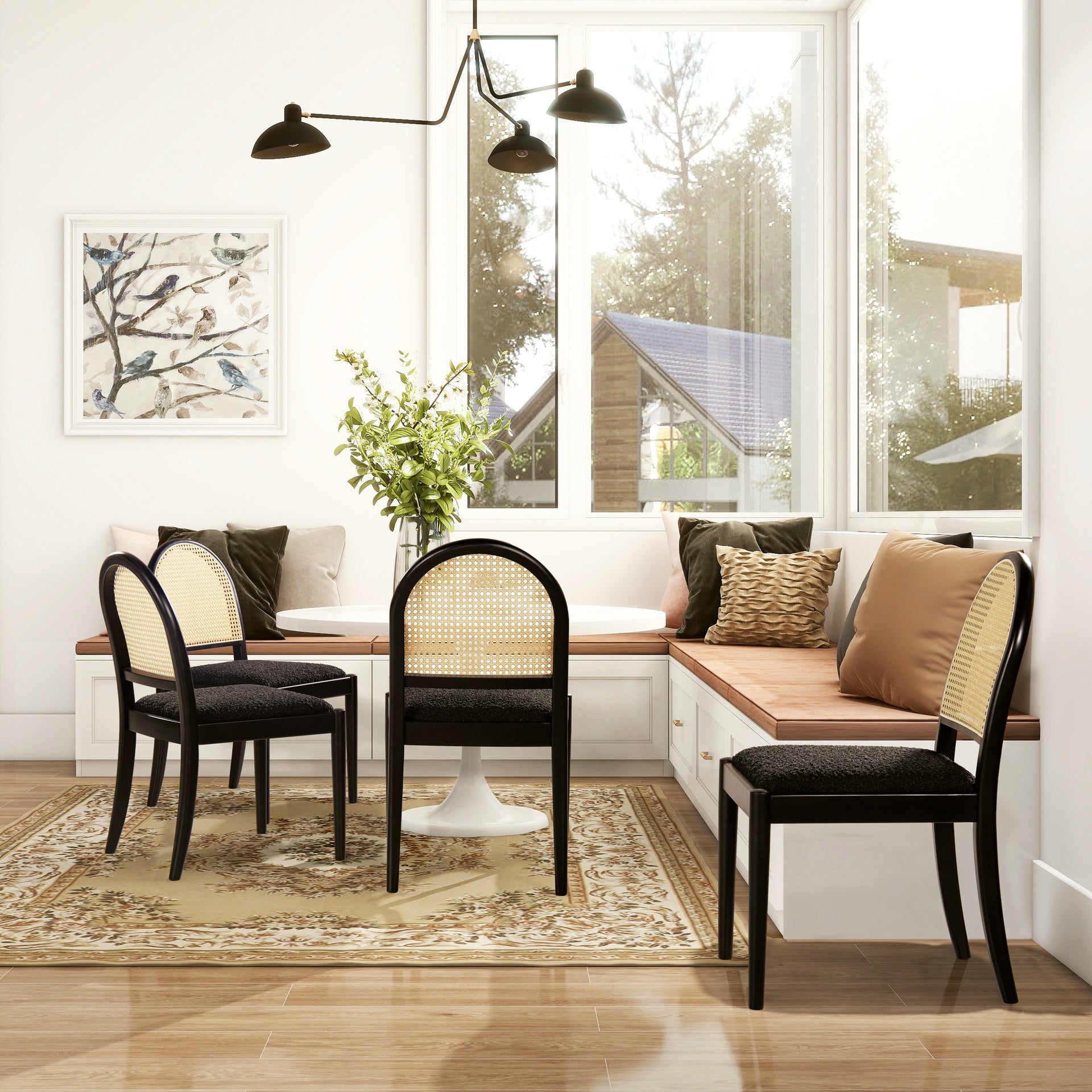 Panama 18.5" Curved Resin Cane Rattan Side Dining Chair, Set of 2, Ebony Black Boucle