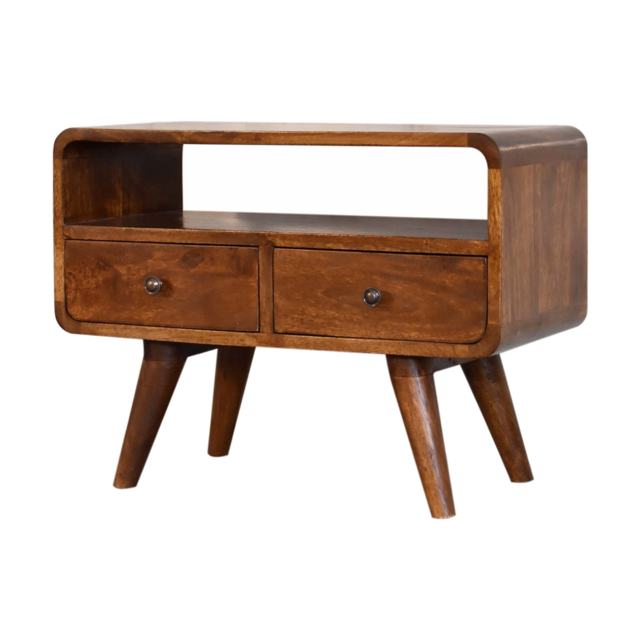 Solid Wood Mini Chestnut Curved Media Unit with 2-Drawers, Open Slot, Nordic Legs, Brown