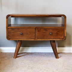 Solid Wood Mini Chestnut Curved Media Unit with 2-Drawers, Open Slot, Nordic Legs, Brown