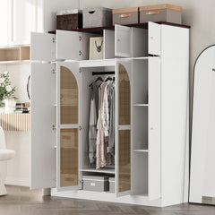 70.87"Tall 8-Door Large Capacity Armoire Wardrobe Closet with Hanging Rod, Adjustable Shelves and Rattan Decorative Doors, Clothing Storage Cabinet for Bedroom, walk-in closet, Living Room, White