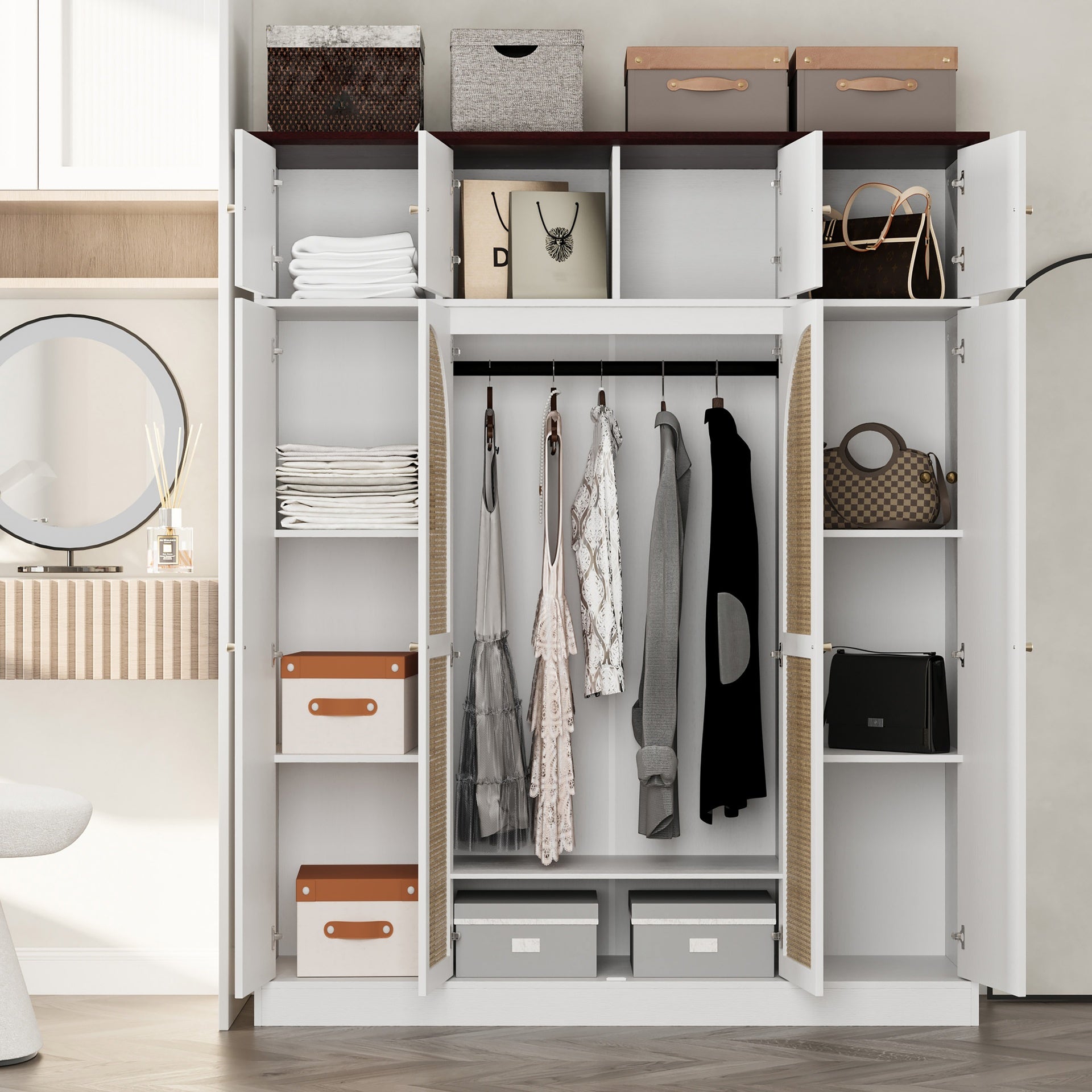 70.87"Tall 8-Door Large Capacity Armoire Wardrobe Closet with Hanging Rod, Adjustable Shelves and Rattan Decorative Doors, Clothing Storage Cabinet for Bedroom, walk-in closet, Living Room, White