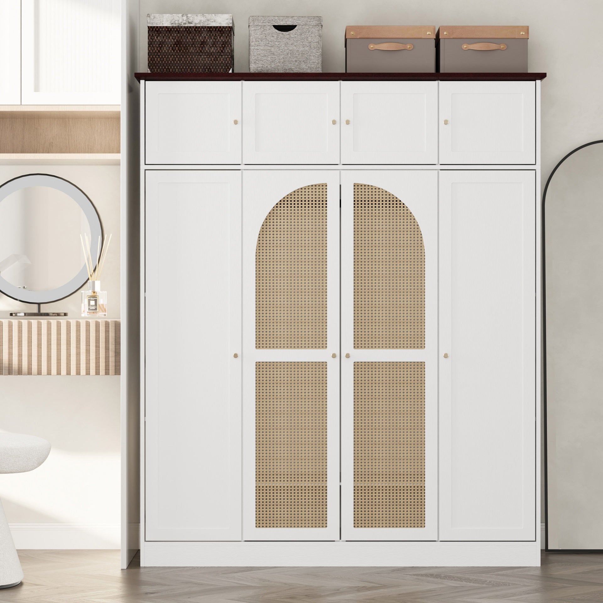 70.87"Tall 8-Door Large Capacity Armoire Wardrobe Closet with Hanging Rod, Adjustable Shelves and Rattan Decorative Doors, Clothing Storage Cabinet for Bedroom, walk-in closet, Living Room, White