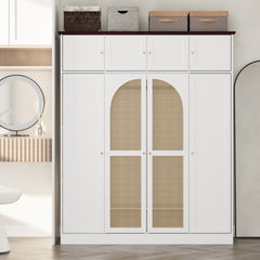 70.87"Tall 8-Door Large Capacity Armoire Wardrobe Closet with Hanging Rod, Adjustable Shelves and Rattan Decorative Doors, Clothing Storage Cabinet for Bedroom, walk-in closet, Living Room, White