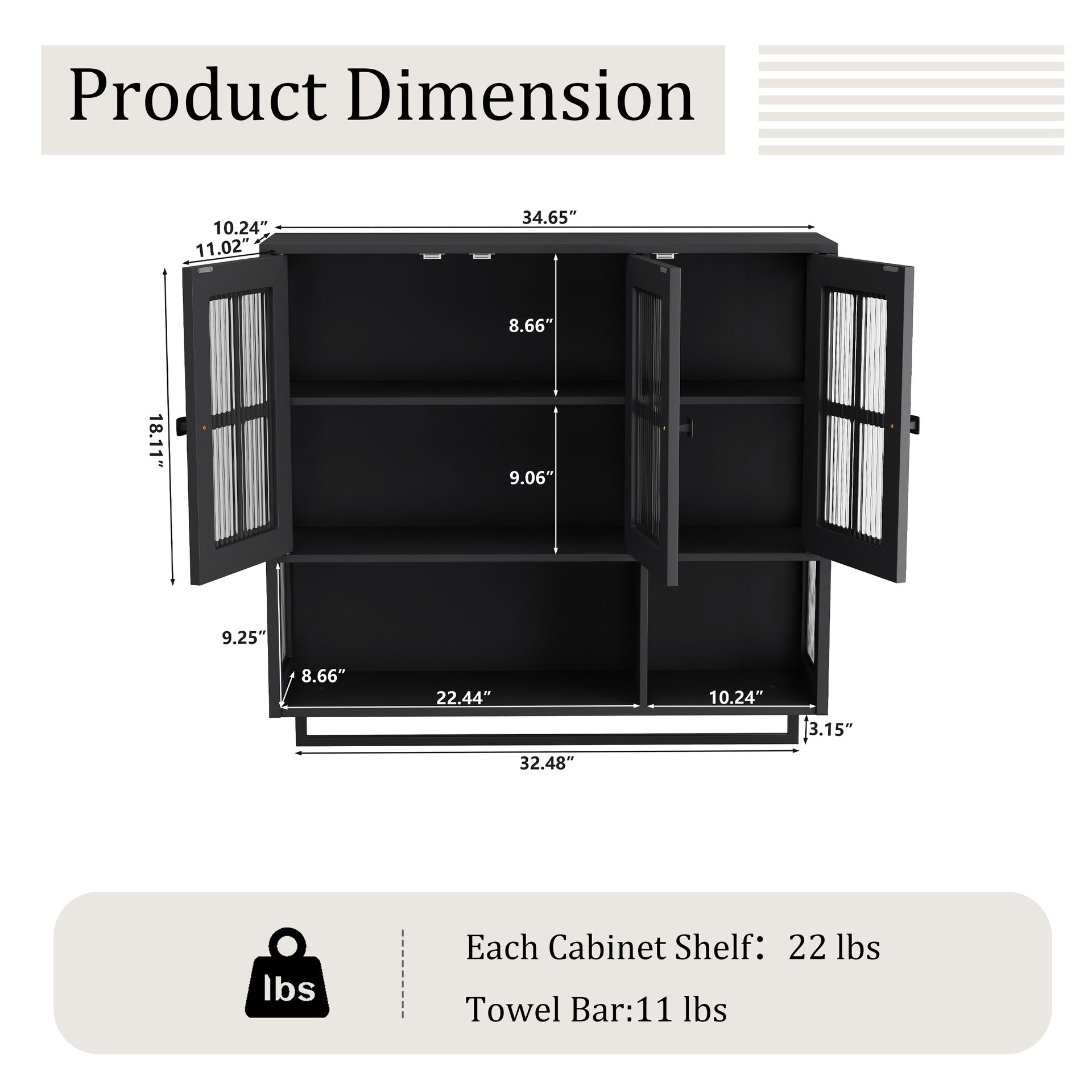 Bathroom Wall Cabinet, 3-Door Wooden Wall Cabinet with Open and Hidden Storage Space, Medicine Cabinet with Glass Door and Towel Bar for Entryway Living Room Bathroom Dining Room,Black