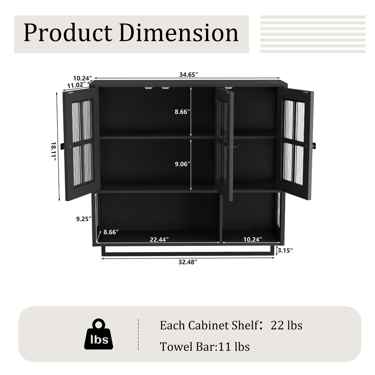 Bathroom Wall Cabinet, 3-Door Wooden Wall Cabinet with Open and Hidden Storage Space, Medicine Cabinet with Glass Door and Towel Bar for Entryway Living Room Bathroom Dining Room,Black