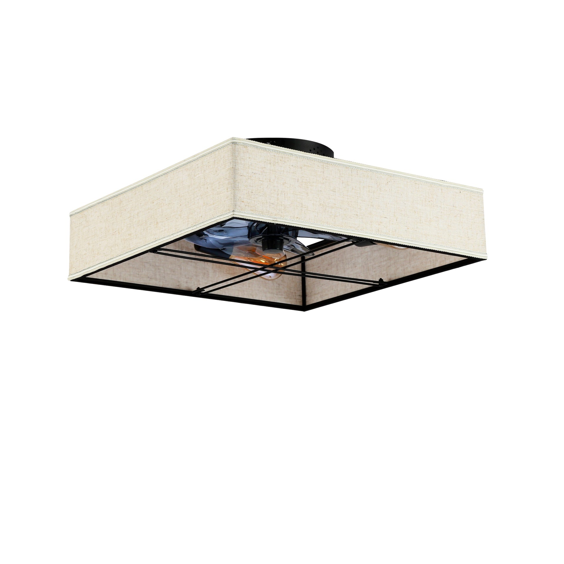 16.6" Square Fabric Farmhouse Flush Mount Ceiling Fan ,Reversible Motor, DC Remote Control,7 PCS PC Blades,6 Speed Ceiling Fan,Timing, for Bedroom Kitchen Living Room--NOT Included Bulbs