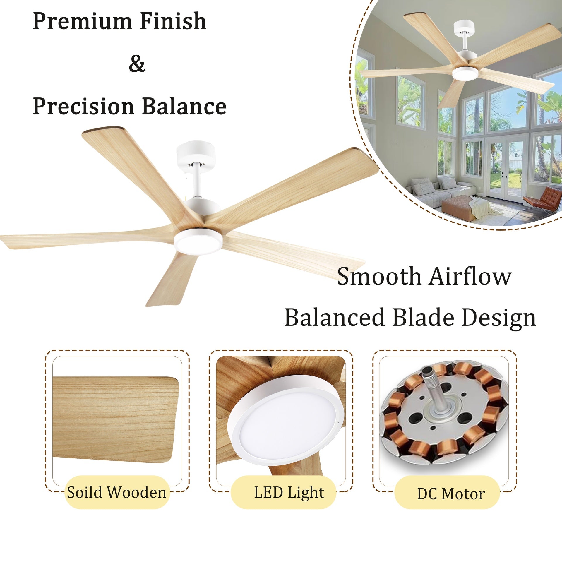 60-Inch Ceiling Fan with Light, 5 Solid Wood Blades, Downrod Mount for Sloped Ceiling ≤15°, Quiet Reversible DC Motor, APP & Remote Control, 6 Speeds, Timer, Dimmable Full-Spectrum LED
