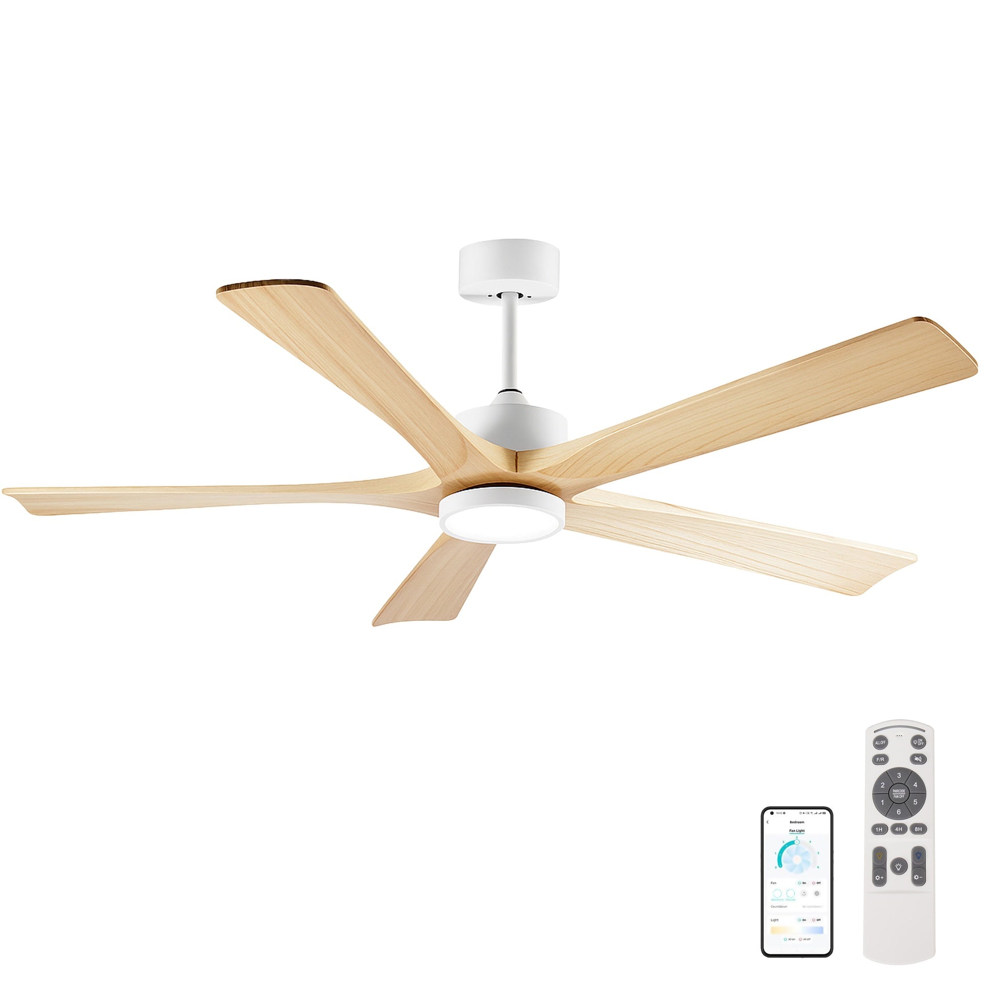 60-Inch Ceiling Fan with Light, 5 Solid Wood Blades, Downrod Mount for Sloped Ceiling ≤15°, Quiet Reversible DC Motor, APP & Remote Control, 6 Speeds, Timer, Dimmable Full-Spectrum LED