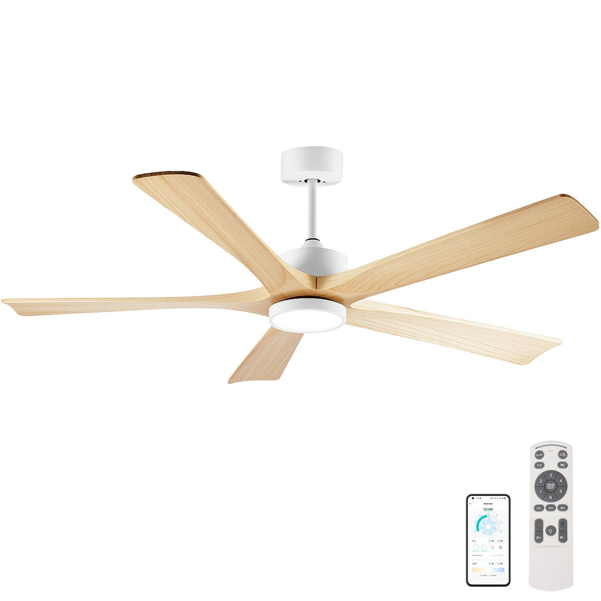 60-Inch Ceiling Fan with Light, 5 Solid Wood Blades, Downrod Mount for Sloped Ceiling ≤15°, Quiet Reversible DC Motor, APP & Remote Control, 6 Speeds, Timer, Dimmable Full-Spectrum LED