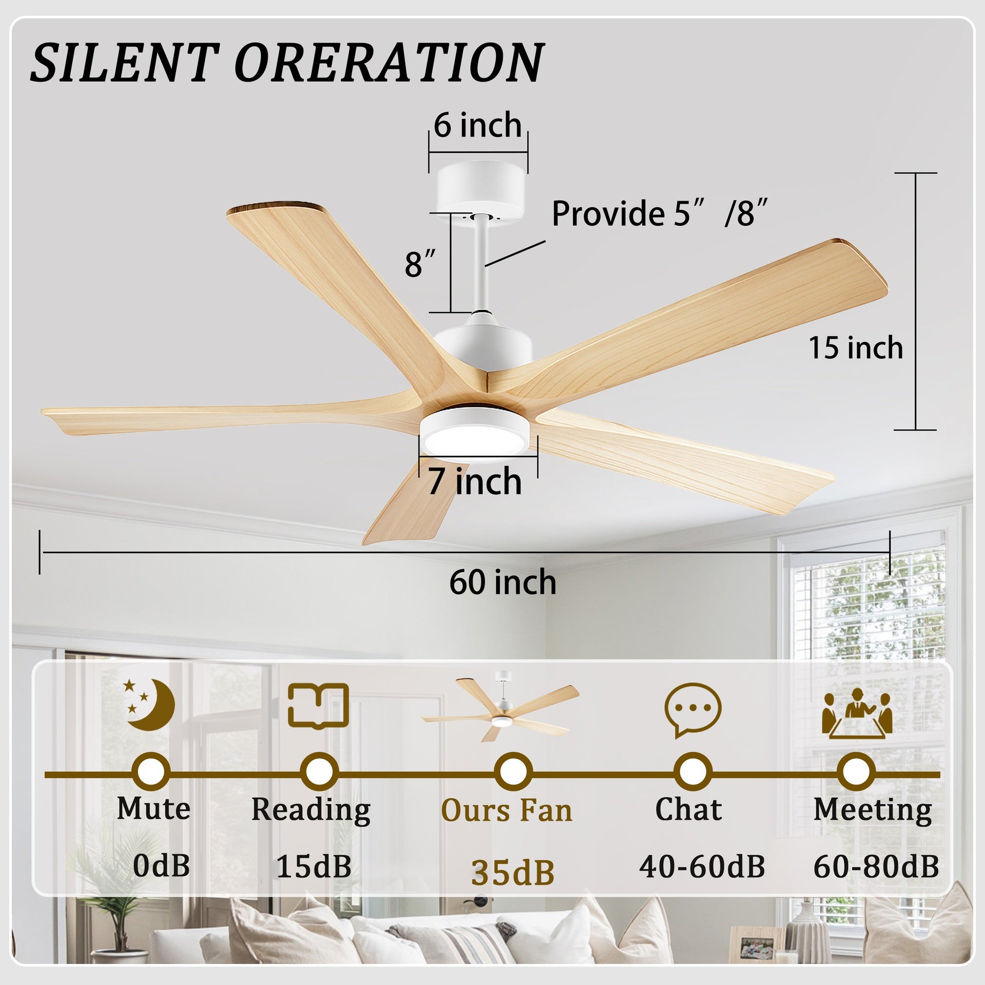 60-Inch Ceiling Fan with Light, 5 Solid Wood Blades, Downrod Mount for Sloped Ceiling ≤15°, Quiet Reversible DC Motor, APP & Remote Control, 6 Speeds, Timer, Dimmable Full-Spectrum LED