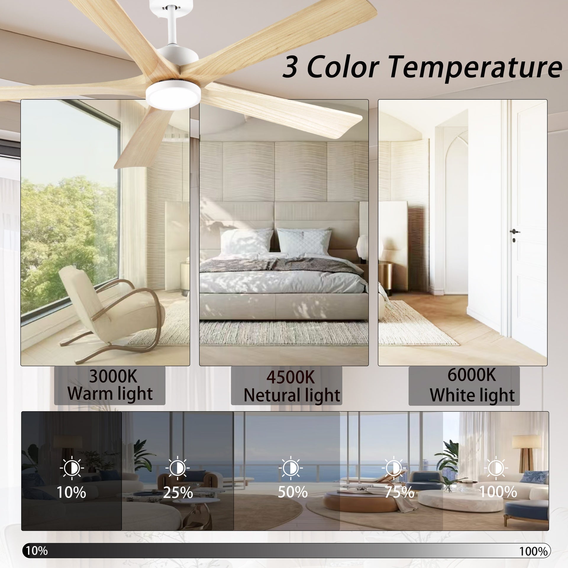 60-Inch Ceiling Fan with Light, 5 Solid Wood Blades, Downrod Mount for Sloped Ceiling ≤15°, Quiet Reversible DC Motor, APP & Remote Control, 6 Speeds, Timer, Dimmable Full-Spectrum LED