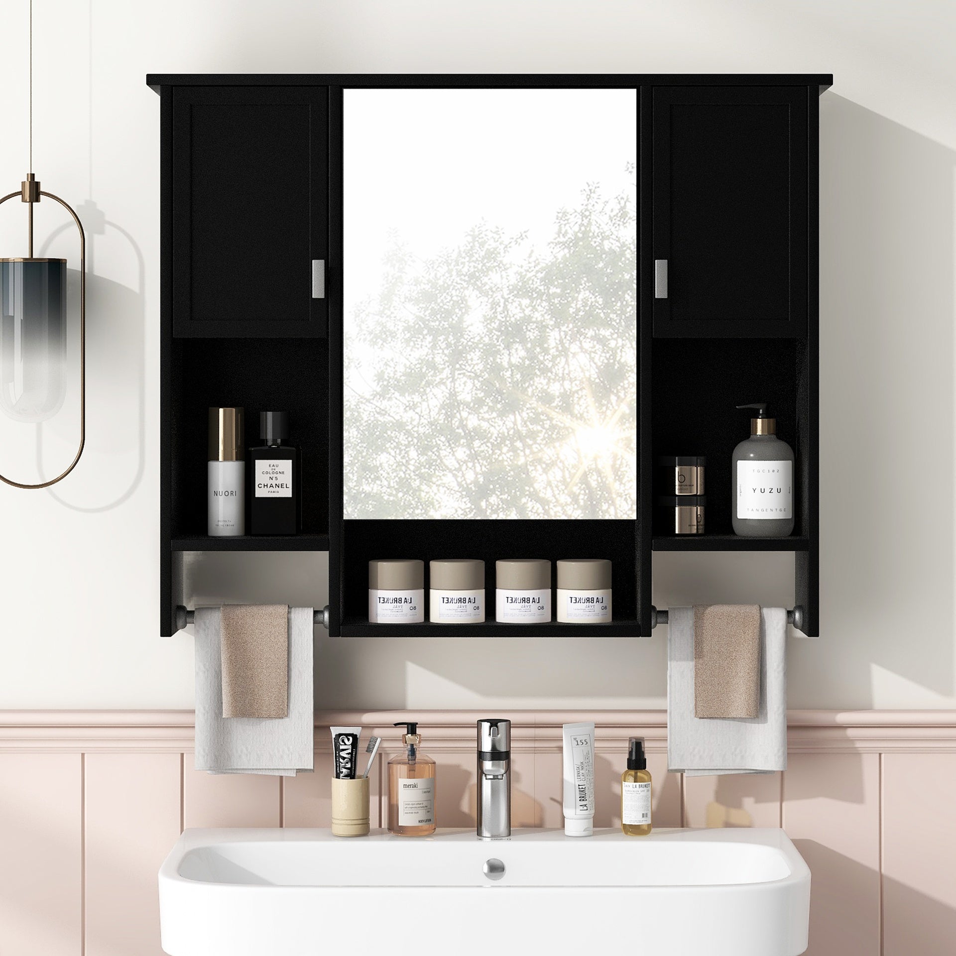 35'' x 28'' Modern Wall Mounted Bathroom Storage Cabinet, Bathroom Wall Cabinet with Mirror, Medicine Cabinet with Towels Bar