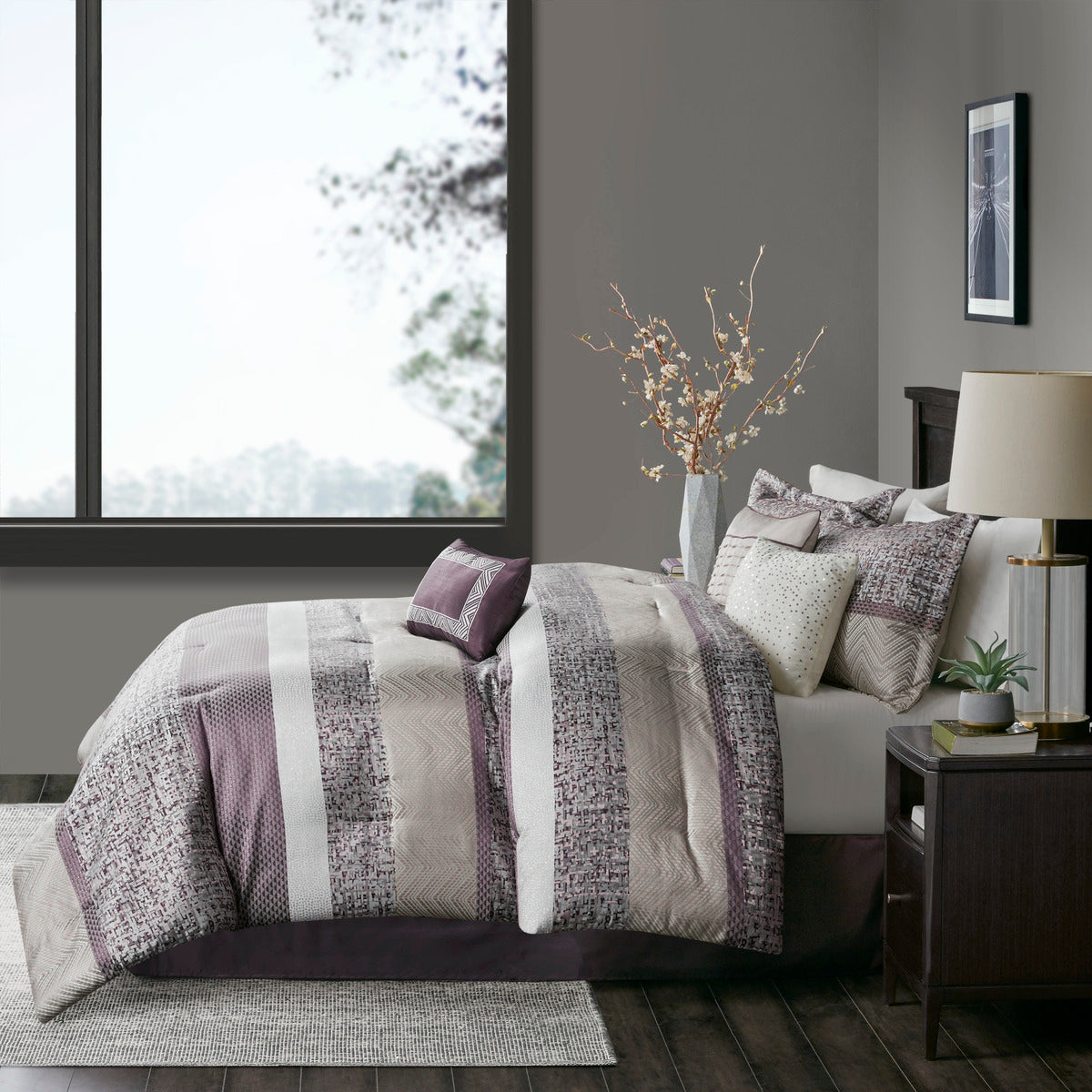 7 Piece Jacquard Comforter Set Purple Queen