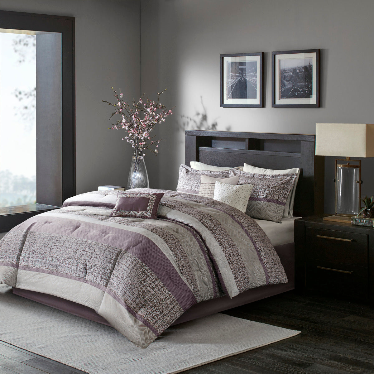 7 Piece Jacquard Comforter Set Purple Queen