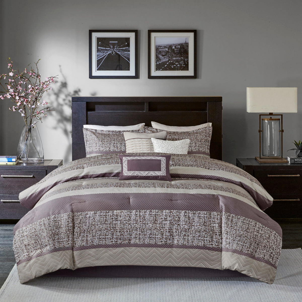 7 Piece Jacquard Comforter Set Purple Queen