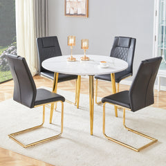 Table and chair set.Extendable MDF Dining Table.The pull-out table is ideal for a wide range of families,suitable for gatherings of different size.Paired with 4 Black Chairs With Gold Metal Legs.