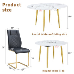 Table and chair set.Extendable MDF Dining Table.The pull-out table is ideal for a wide range of families,suitable for gatherings of different size.Paired with 4 Black Chairs With Gold Metal Legs.