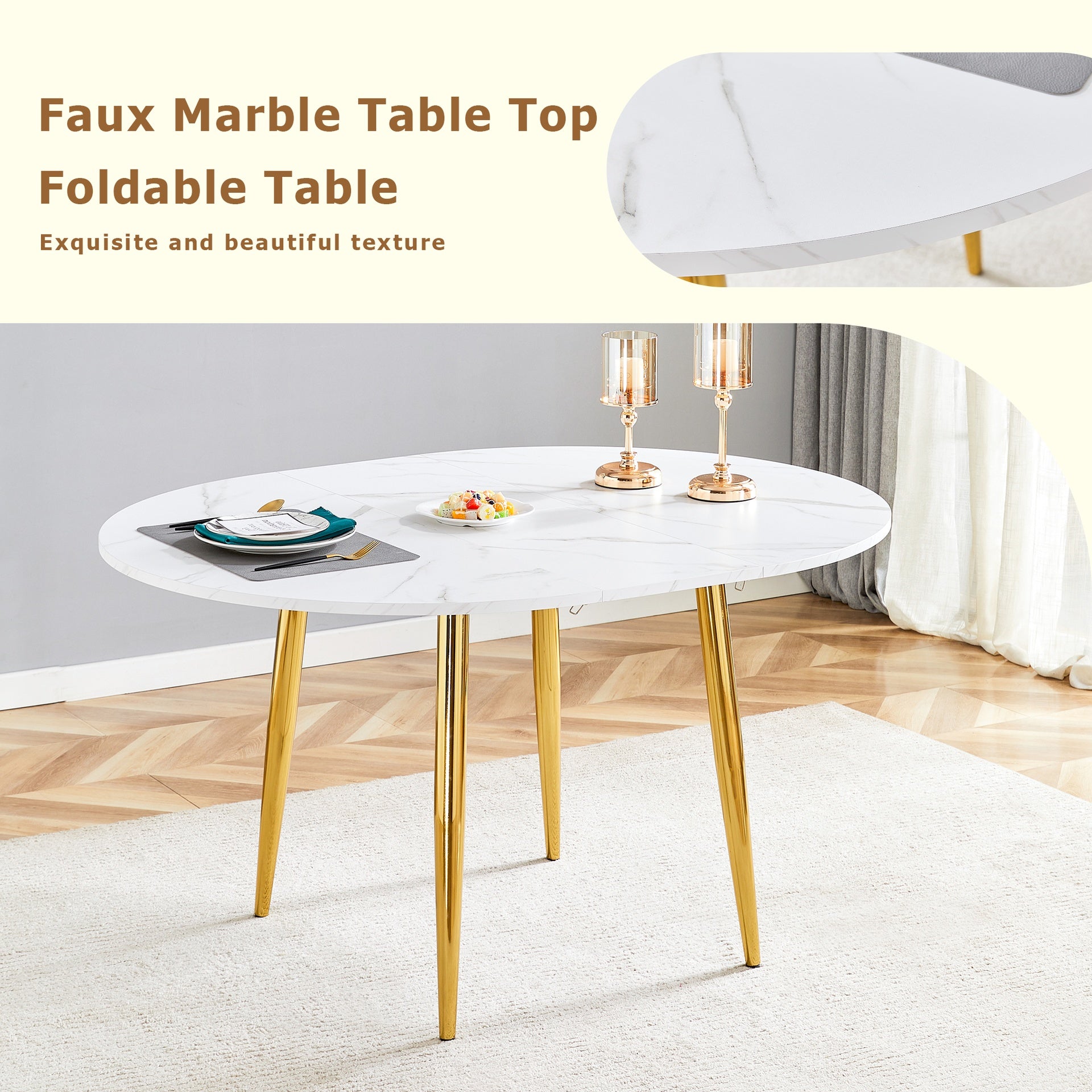 Table and chair set.Extendable MDF Dining Table.The pull-out table is ideal for a wide range of families,suitable for gatherings of different size.Paired with 4 Black Chairs With Gold Metal Legs.