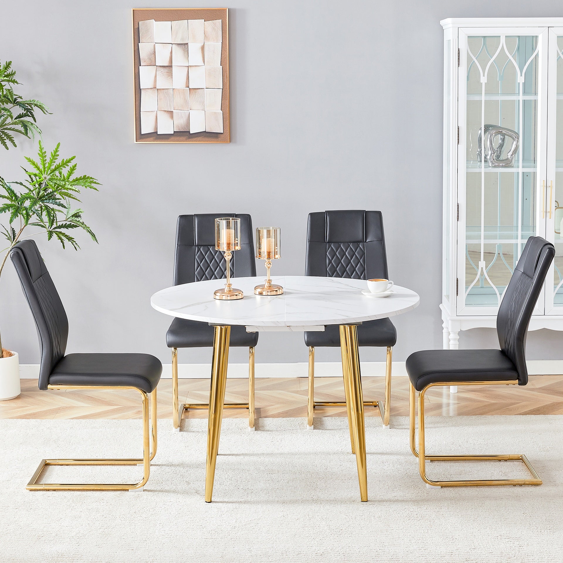 Table and chair set.Extendable MDF Dining Table.The pull-out table is ideal for a wide range of families,suitable for gatherings of different size.Paired with 4 Black Chairs With Gold Metal Legs.