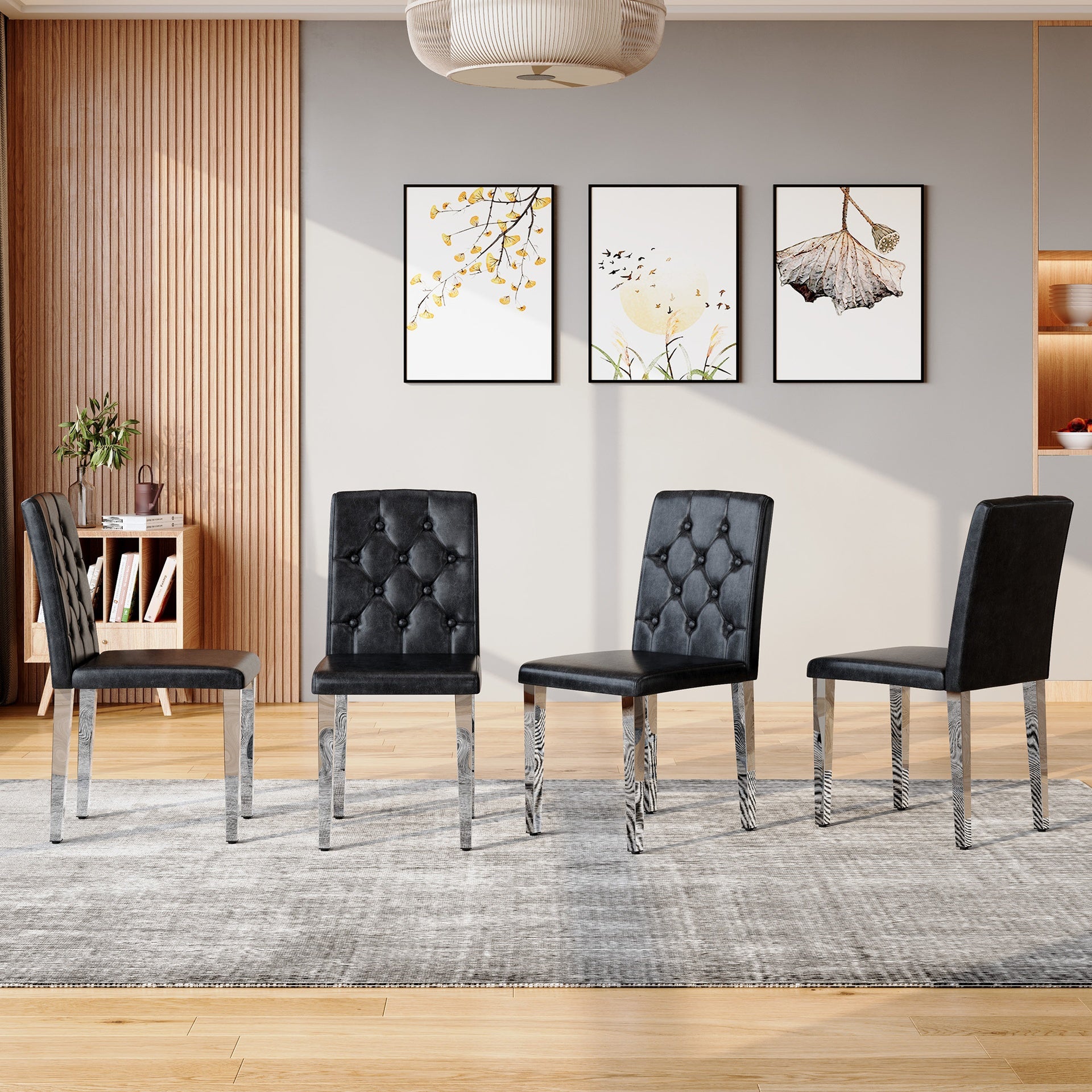 4-pack black PU dining chairs: ergonomic buckle backrest, 35 inches high, silver metal legs,Combines Comfort and Texture.Perfectly suitable for family dining rooms, hotel banquet halls,etc.W1151P29570