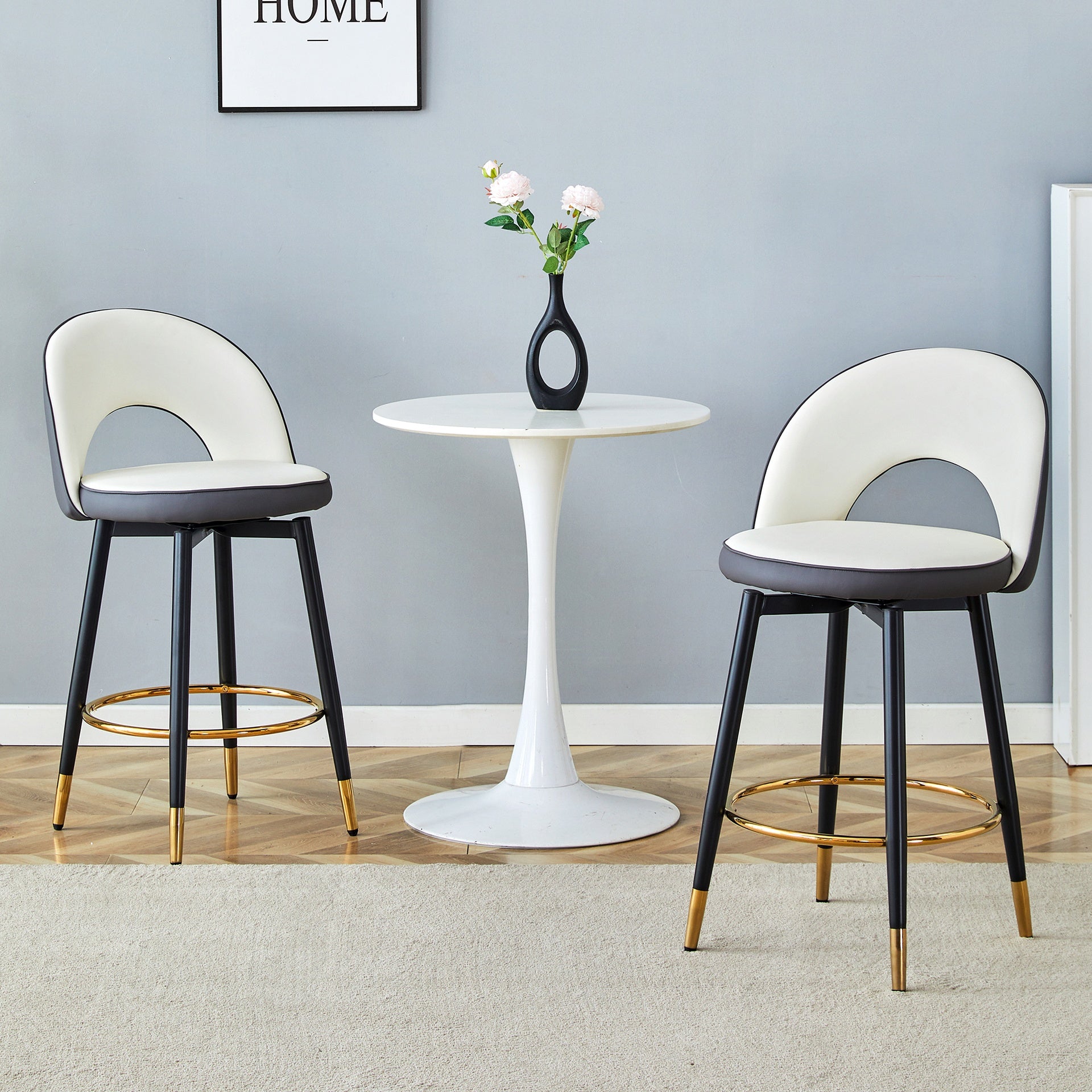 360 ° rotatable bar chair.Modern White and Dark Gray Spliced Color PU comfortable upholstered bar chair with smooth and beautiful black metal legs for dining room, kitchen, terrace.Set Of 2.