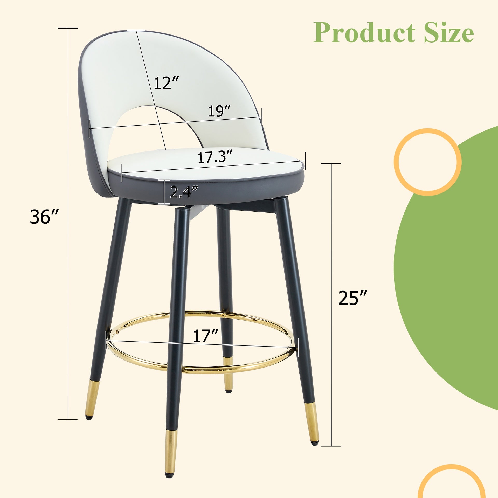 360 ° rotatable bar chair.Modern White and Dark Gray Spliced Color PU comfortable upholstered bar chair with smooth and beautiful black metal legs for dining room, kitchen, terrace.Set Of 2.